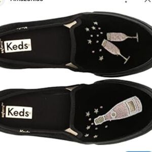 Keds Black Flats with Champagne Embroidery